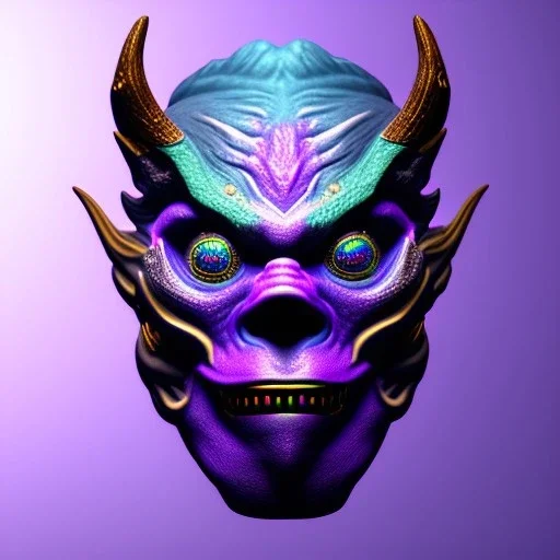 oni purple mask in galaxy, teal and purple smoke, detailed, realistic, 4k