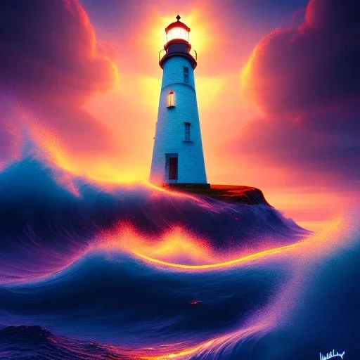 Fantasy, light house, lighting, surreal, waves crashing below, 8k, sunset, sketch