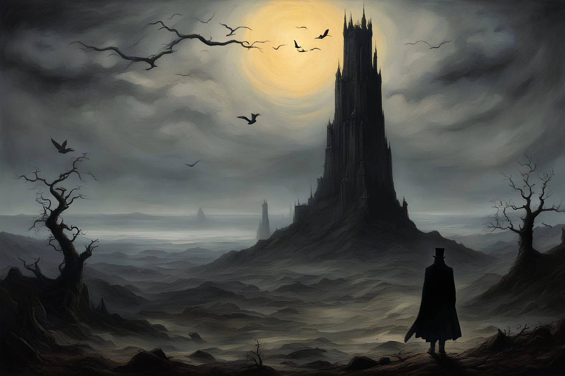 Sir Crow to the Dark Tower came, style Caspar David Friedrich