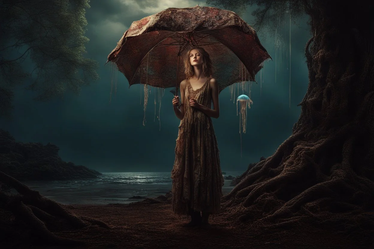 Full Body Shot Of A Young, Slim Woman Covered In rags, standing under a tree, holding an umbrella made from a jellyfish, a glowing ball in her hand, photorealistic, Detailed Matte Painting, Deep Colour, Fantastical, Intricate Detail,