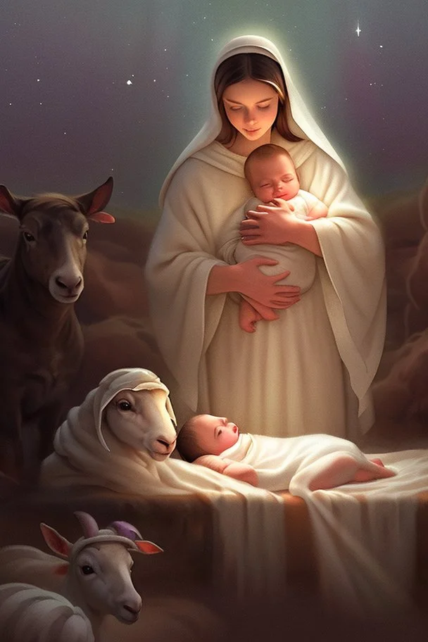 It's night, it's dark and only the nursery is illuminated by a star from heaven. The Christ child is in a manger on straw, lying in swaddling clothes. Mary and Joseph were bending over him. Around the pets are mostly sheep, everything is painted in watercolor in high quality in 8k
