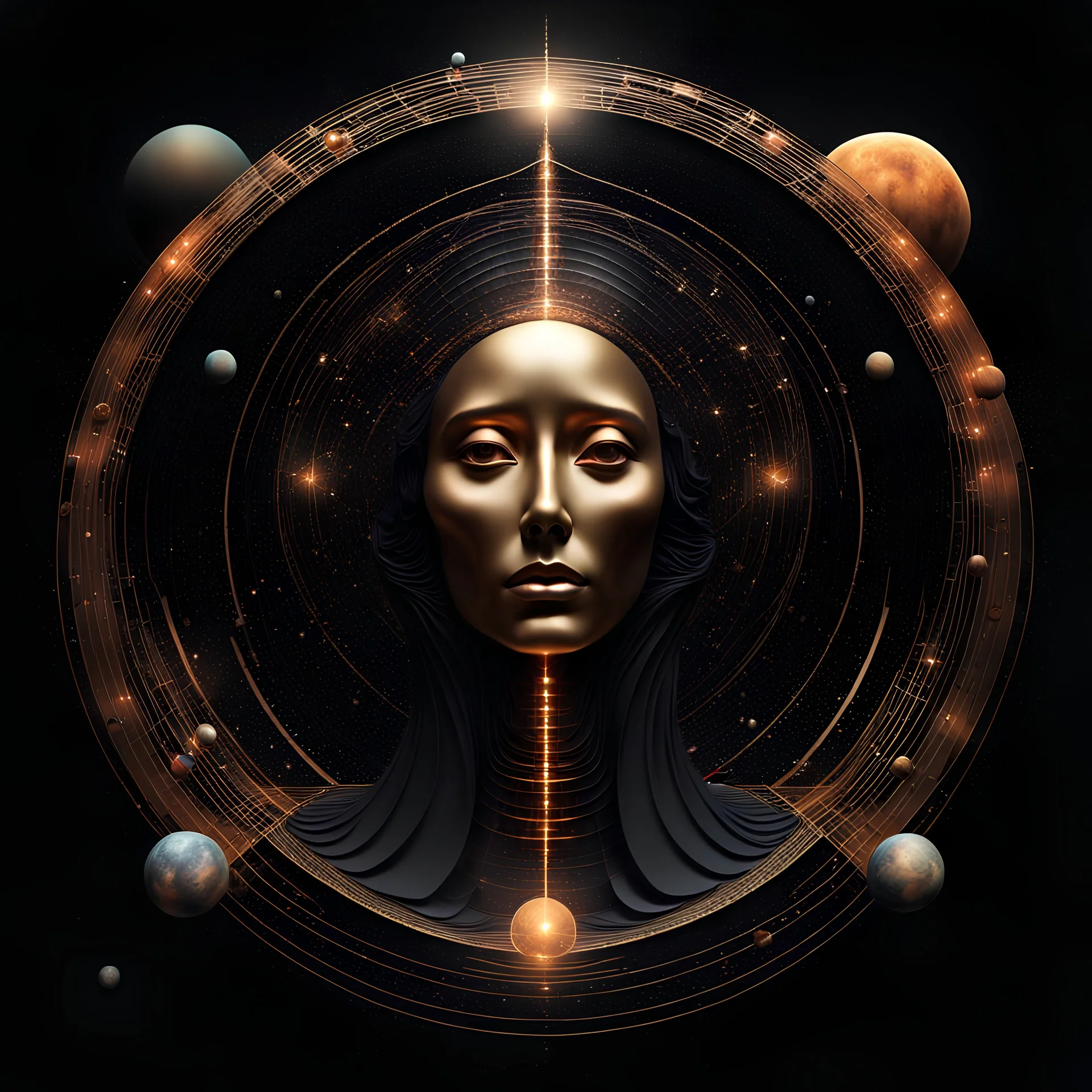 deep rich colors, magic lighting, black and bronze, Abstract minimalism amazing funny strange sci-fi technical geometric surreal fashion Da Vinci portrait, planets, hologram portal to other dimension, minimalist black background, surreal lonely fantasy, deep soul spirit, fantasy surreal alien geometry, flat, vector, clipart, eternity infinity utopia style raw, Paradigm Shift, double exposure tilt-shift portrait, album art, cover art, album cover,