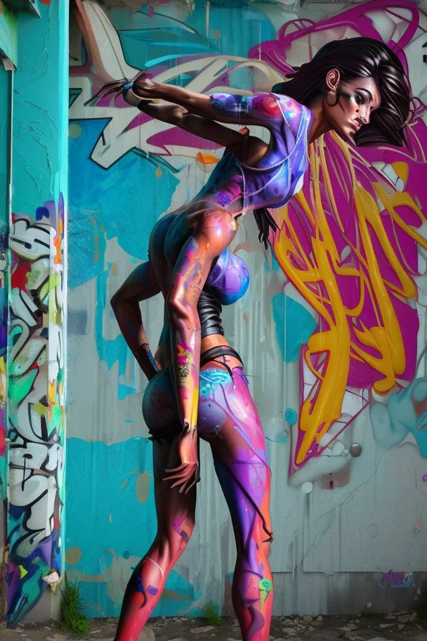 graffiti art on the back side of an abandoned building portraying a female super model posing confidently, 8k, highly detailed, centered, epic composition, graffiti art, splash art, street art, spray paint, oil gouache melting, acrylic, high contrast, colorful polychromatic, ultra detailed, ultra quality, CGSociety