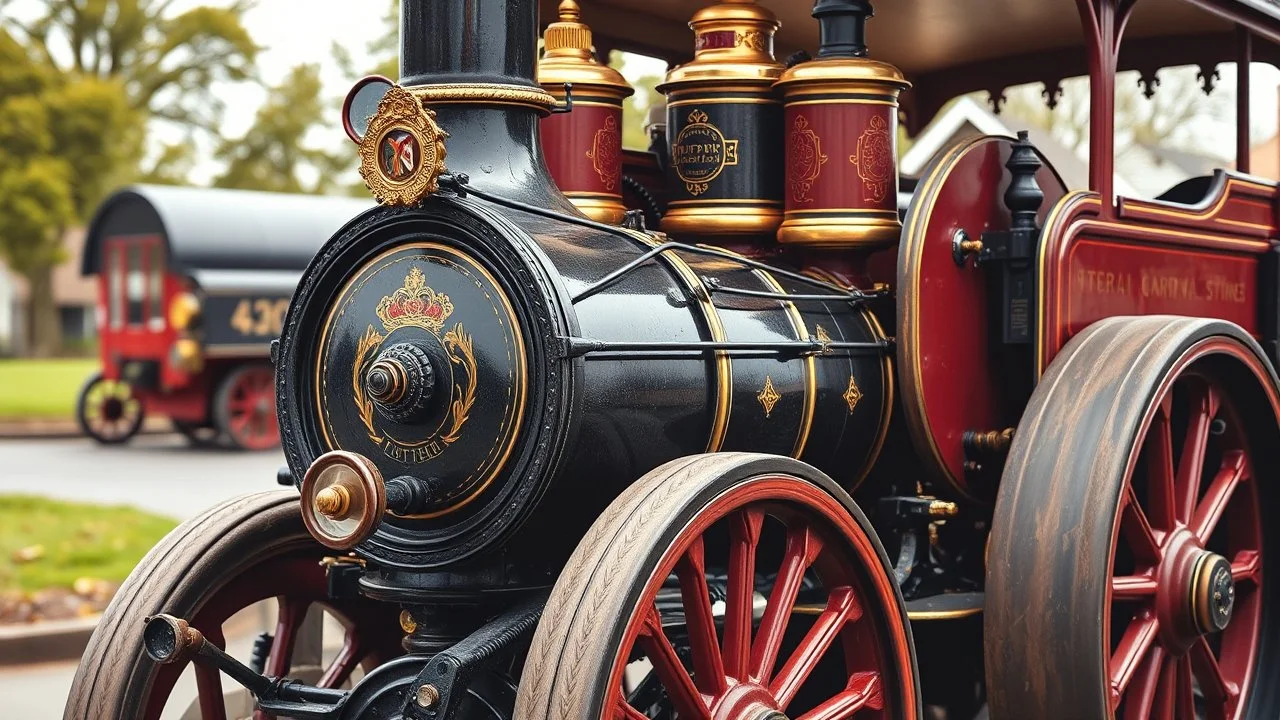 Beautifully ornate traditional steam traction engine, award-winning colour photograph, 85mm lens