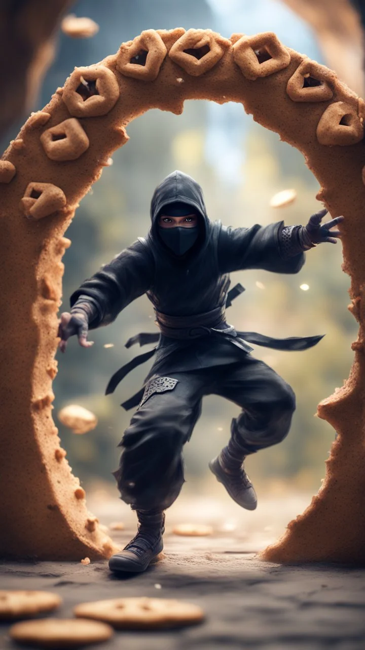 portrait of wilderness ninja stepping through portal wearing clawed shoes, we can only see part of him on this side of the portal, he is throwing ninja stars that looks like cookies, bokeh like f/0.8, tilt-shift lens 8k, high detail, smooth render, down-light, unreal engine, prize winning