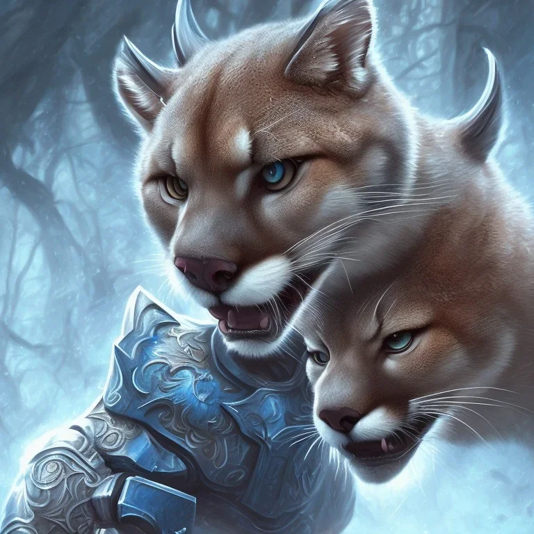 A painting of one angry cougar in full blue and white armor, Inka jungle background, highly detailed, digital painting, Artstation, concept art, matte, sharp focus, illustration, dramatic, Blizzard concept art