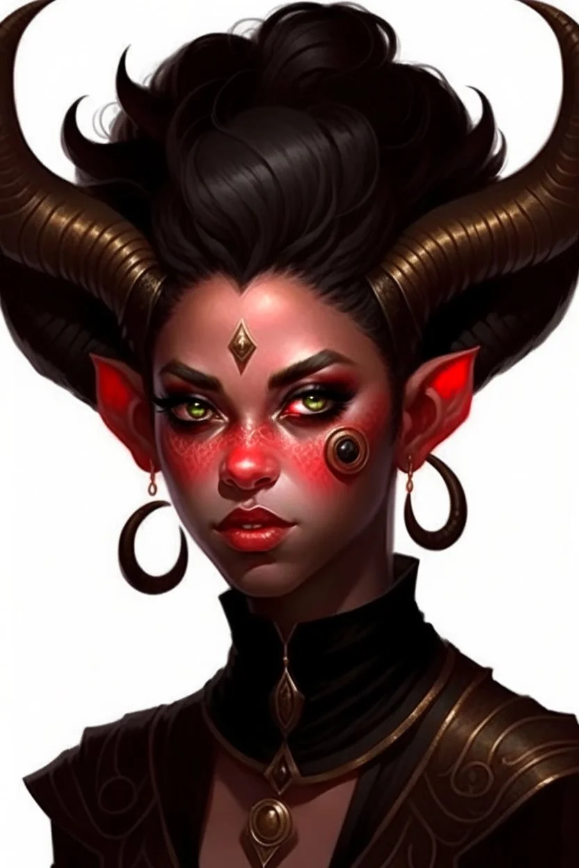 tiefling woman wearing black, she is evil, same face as the uploaded photo