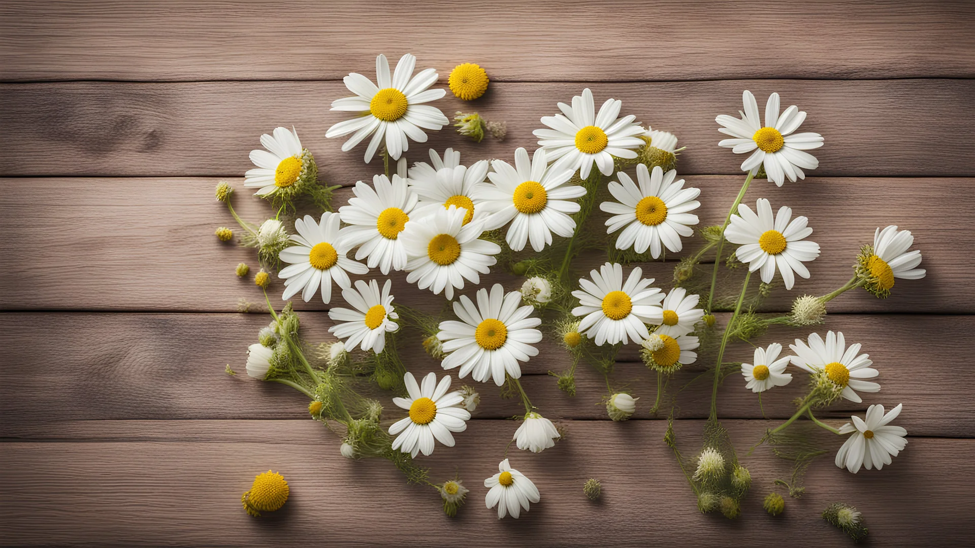 Garden chamomile flowers on wooden background. Top view with copy space