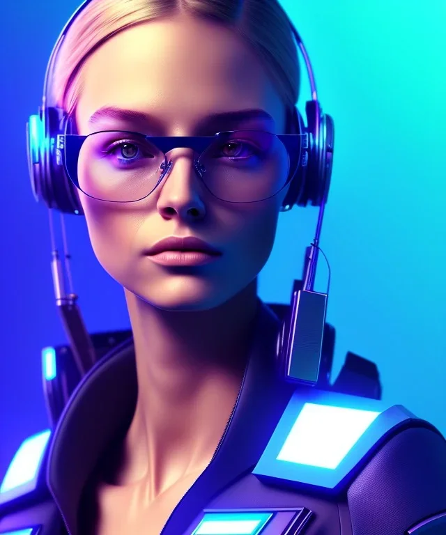 a young woman, BLONDE hair, green eyes, glasses, deep colors, cyberpunk, great pose, Realistic photography, incredibly detailed, ultra-high resolution, 8k, complex 3d render, cinema 4d, anatomically correct, dark backgorund