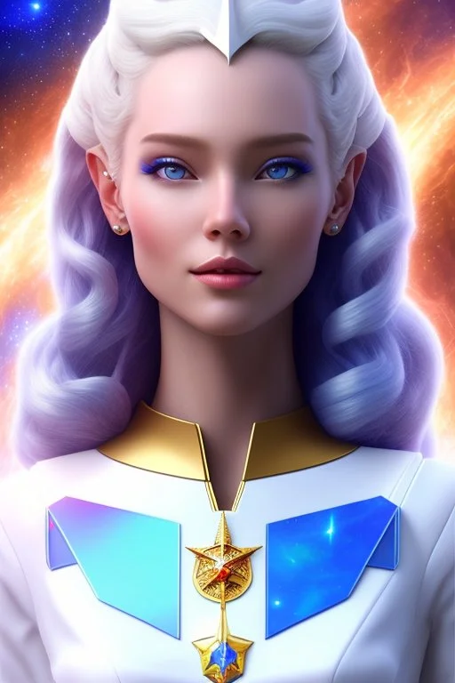 cosmic young woman admiral from the future, one fine whole face, large cosmic forehead, crystalline skin, expressive blue eyes, blue hair, smiling lips, very nice smile, costume pleiadian, rainbow ufo, Beautiful tall woman pleiadian Galactic commander, ship, perfect datailed golden galactic suit, high rank, long blond hair