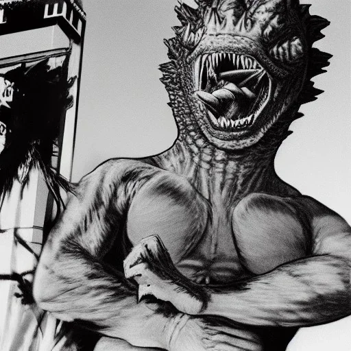 Cool dude chillin' with mirror shades fighting Godzilla