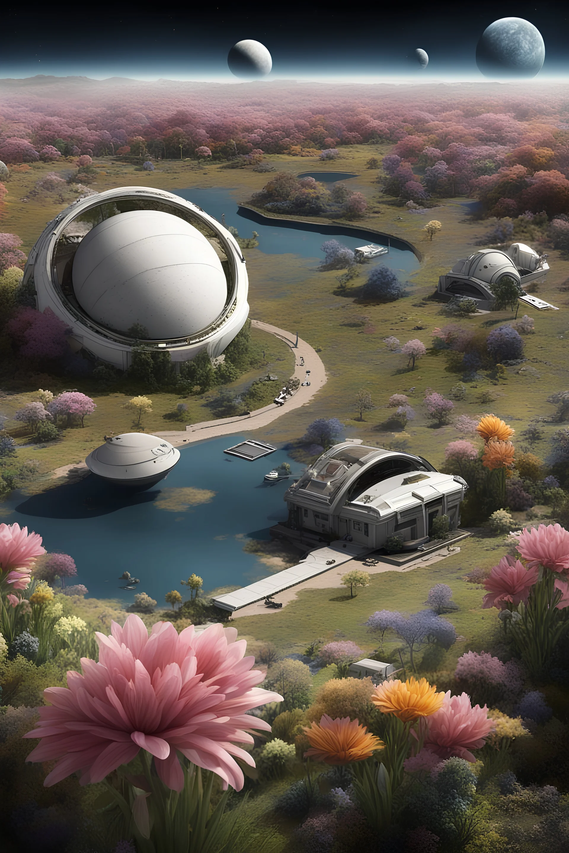 people landed on the exoplanet Kepler-442 B, life on it, flowers, river, houses on the exoplanet, people