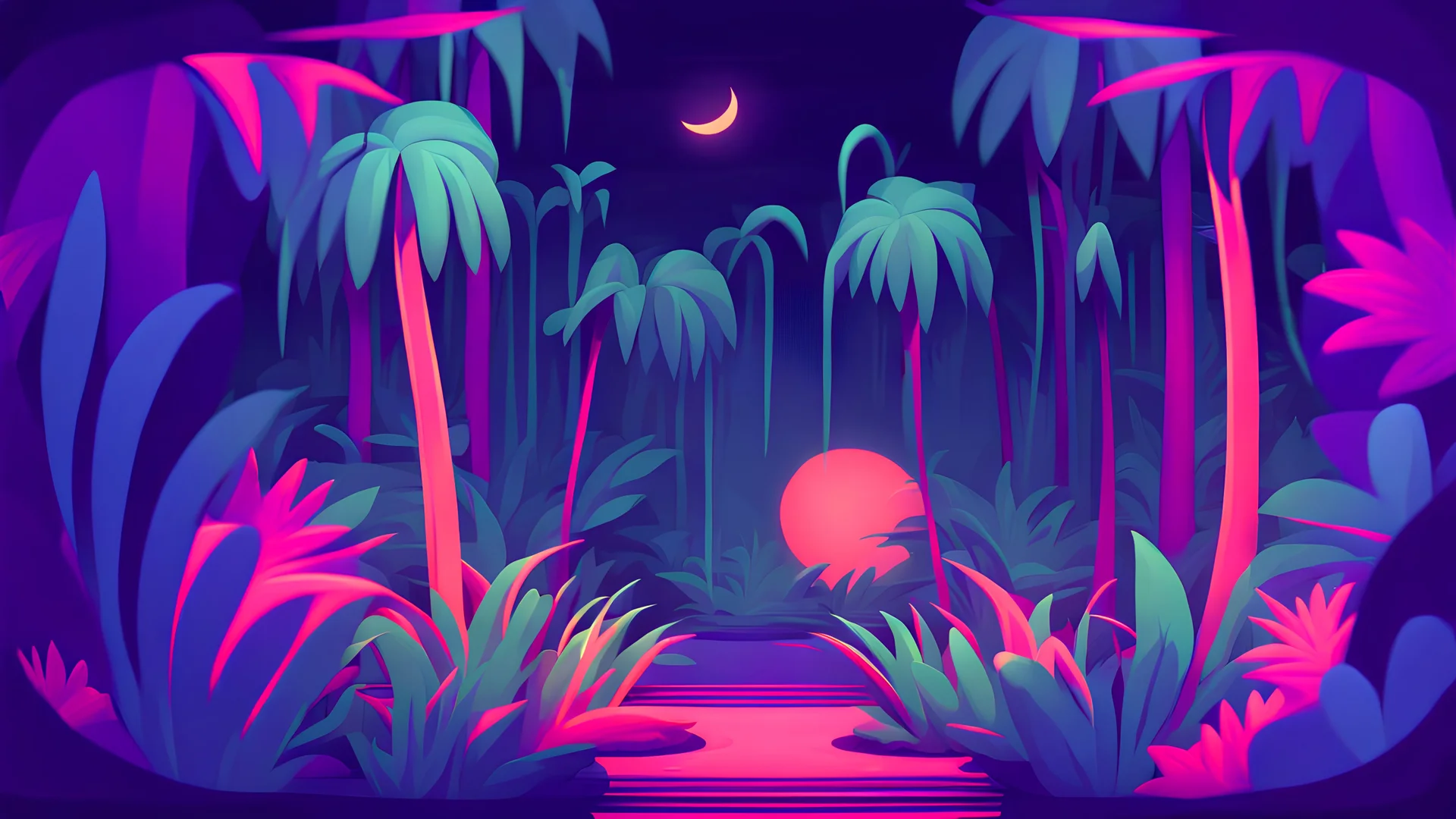 a front view of an art in surreal animations style that shows a jungle at night
