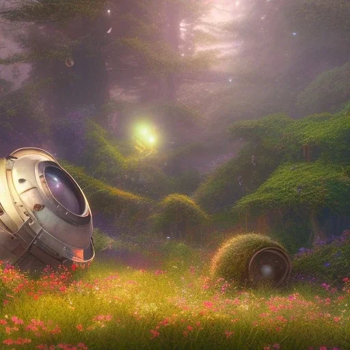 pixar style, volumetric summer garden environment and background, realistic painting of debris ufo, looking excited, volumetric lighting, dramatic lighting, detailed digital painting, extreme dense and fine fur, anime, ornate, colour-washed colors, elegant, small minutiae, tiny features, particulars, centered, smooth, sharp focus, renderman gofur render, 8k, uhd, detailed eyes, realistic shaded volumetric lighting, sunlight caustics, backlight, centered camera view