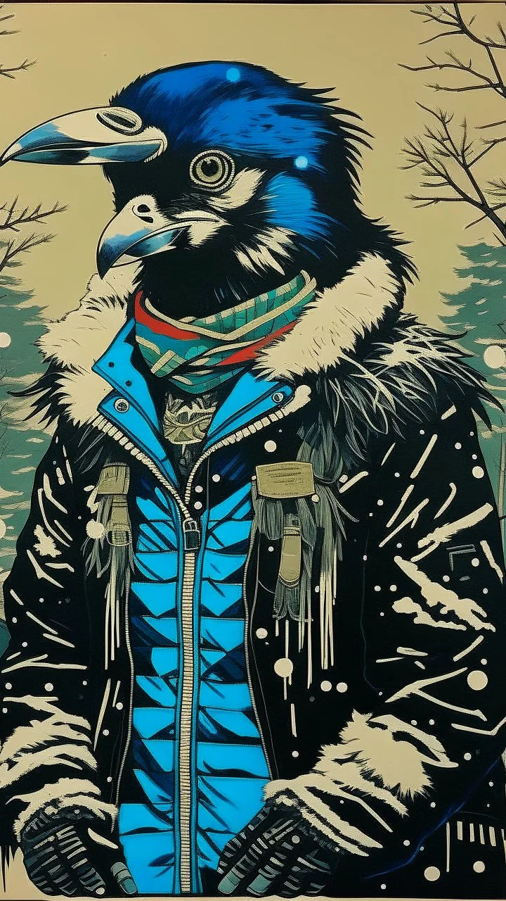 A contemporary serigraphy portrait by Kunisada of a crow adorned in a punk leather jacket within a snowy Christmas atmosphere.