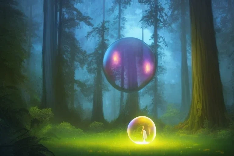 glowing bubble portal in a clearing glade in a redwood forest at night. shimmering portal. the forest redwood trees are lit by a glow. by cyril rolando and naomi okubo and dan mumford and ricardo bofill. beeple. noah bradley. digital render. digital painting. trending on artstation. concept art