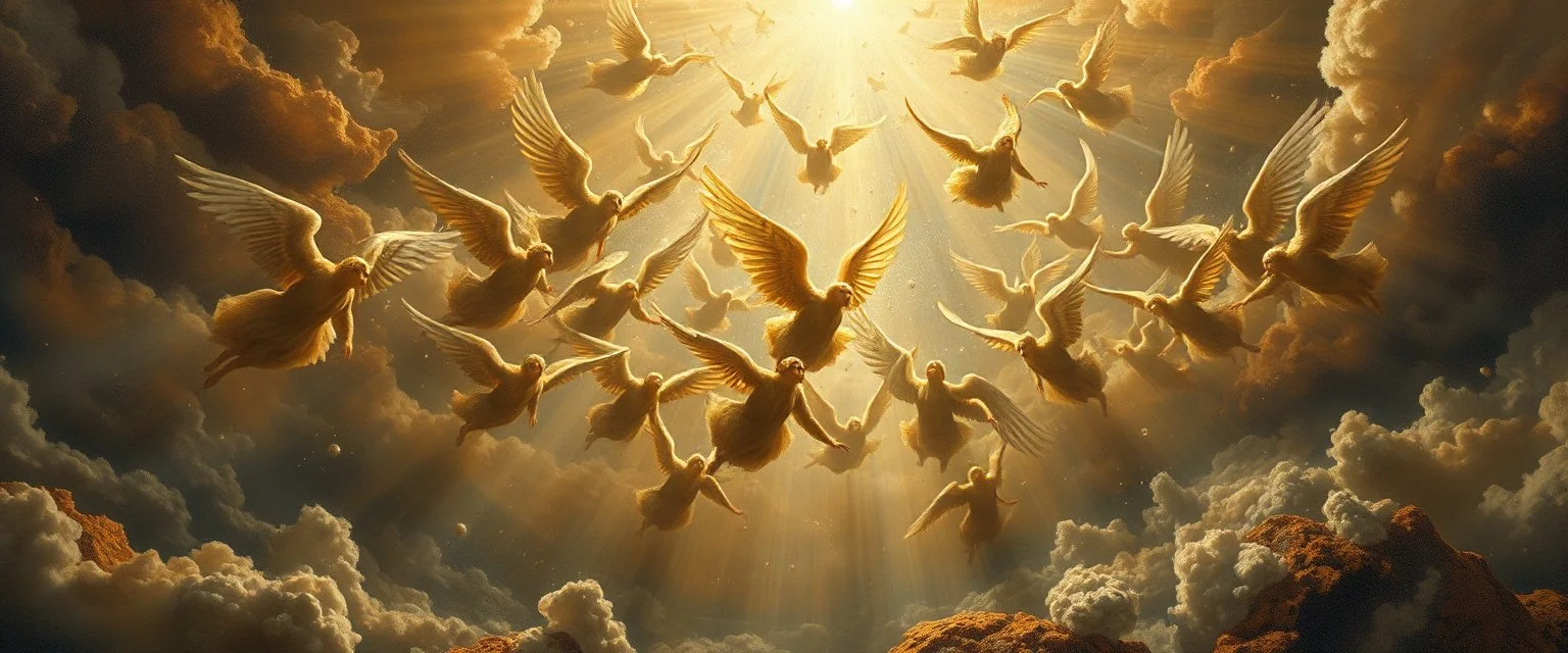 master oil painting by Rembrandt,whirlwind of a 100 million air water angels singing, display of god rays over blessed earth