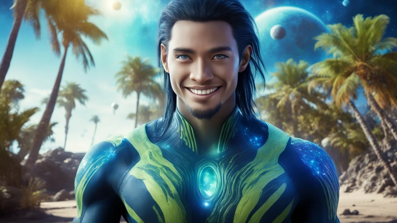 beautiful gorgeous young man na'vi with long hair, Avatar, blue skin, two small ears, green eyes, black hair, in cosmic suit, galactic ambiance, medium pointy goatee , smiling, with spaceship and planets and palm trees and clear crystaline cosmic beach in background