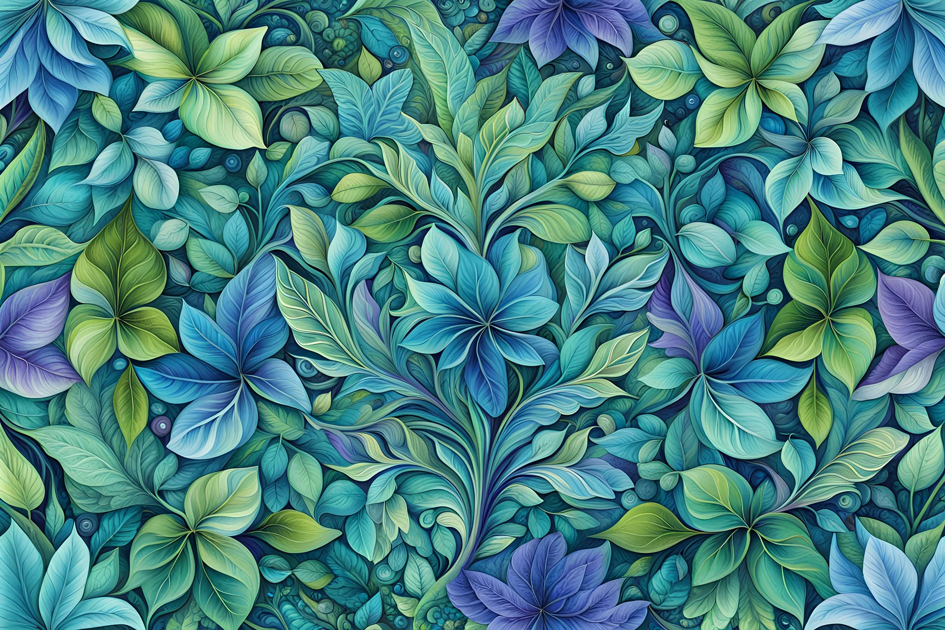 In the style of Josephine Wall, An amazingly beautiful complex detailed abstract made of different leaves in various shades of green and delicate flowers in shades of blue and shades of purple