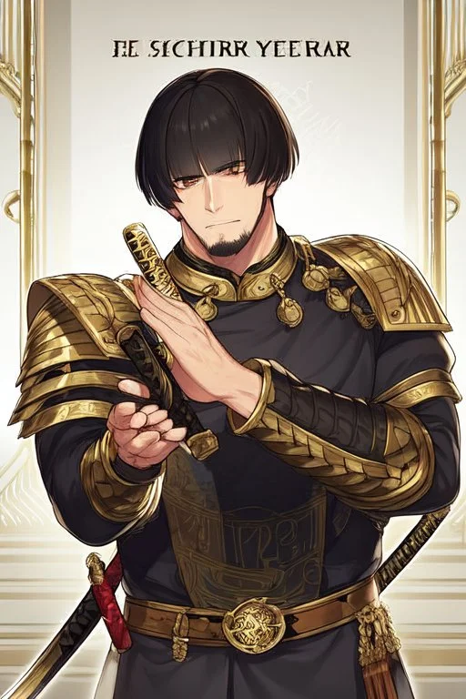 A handsome 30 year old man, black hair, male bob haircut, in black-and-gold plate armor, golden katana in both hands, no beard