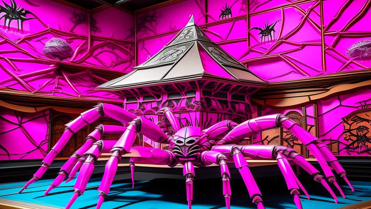 A purplish magenta mansion with spiders designed in Japanese origami painted by Karl Wiener