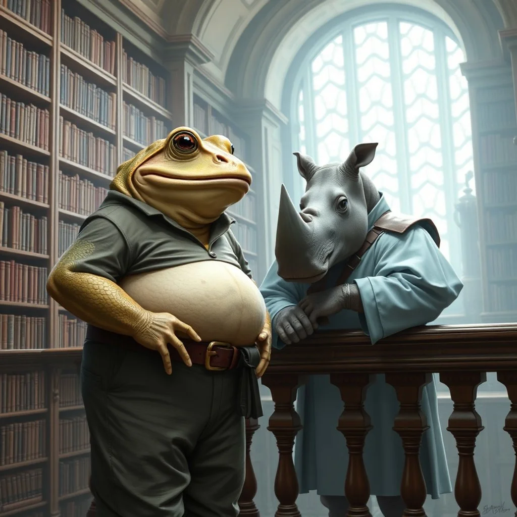 visible to waist a big and fat anthropomorphic frog hybrid in simple clothes talking with a strong gray (anthropomorphic rhinoceros no horn, without horns) in pale blue guard clothes, they talking and leaning on a wooden banister, in background a bibliothek with tall book shelves, detailed sci-fi, fantasy mood