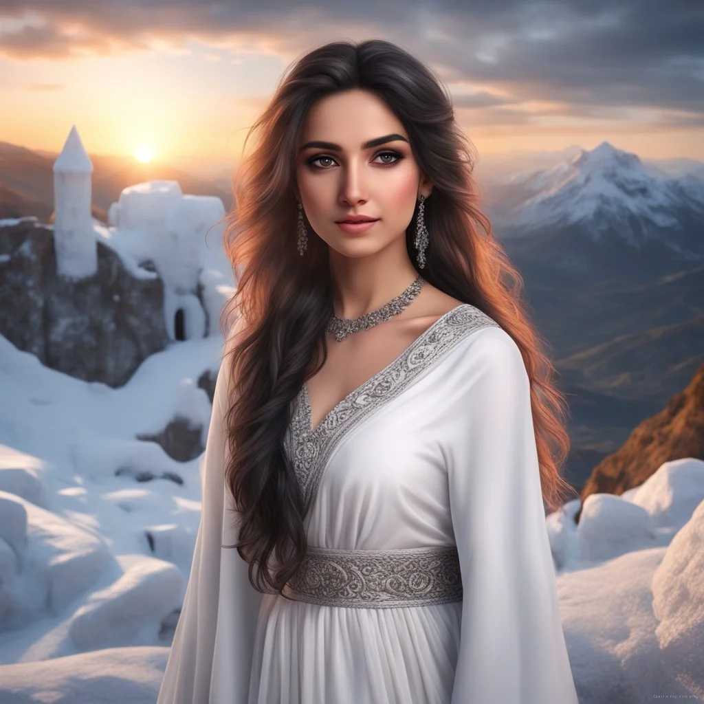 Hyper Realistic close-up-view of Beautiful Happy Pashto Girl with beautiful hair & beautiful eyes wearing white-dress-&-black-shawl standing outside her-huge-ice-castle on mountain-top with cloudy-sunset showing dramatic & cinematic ambiance