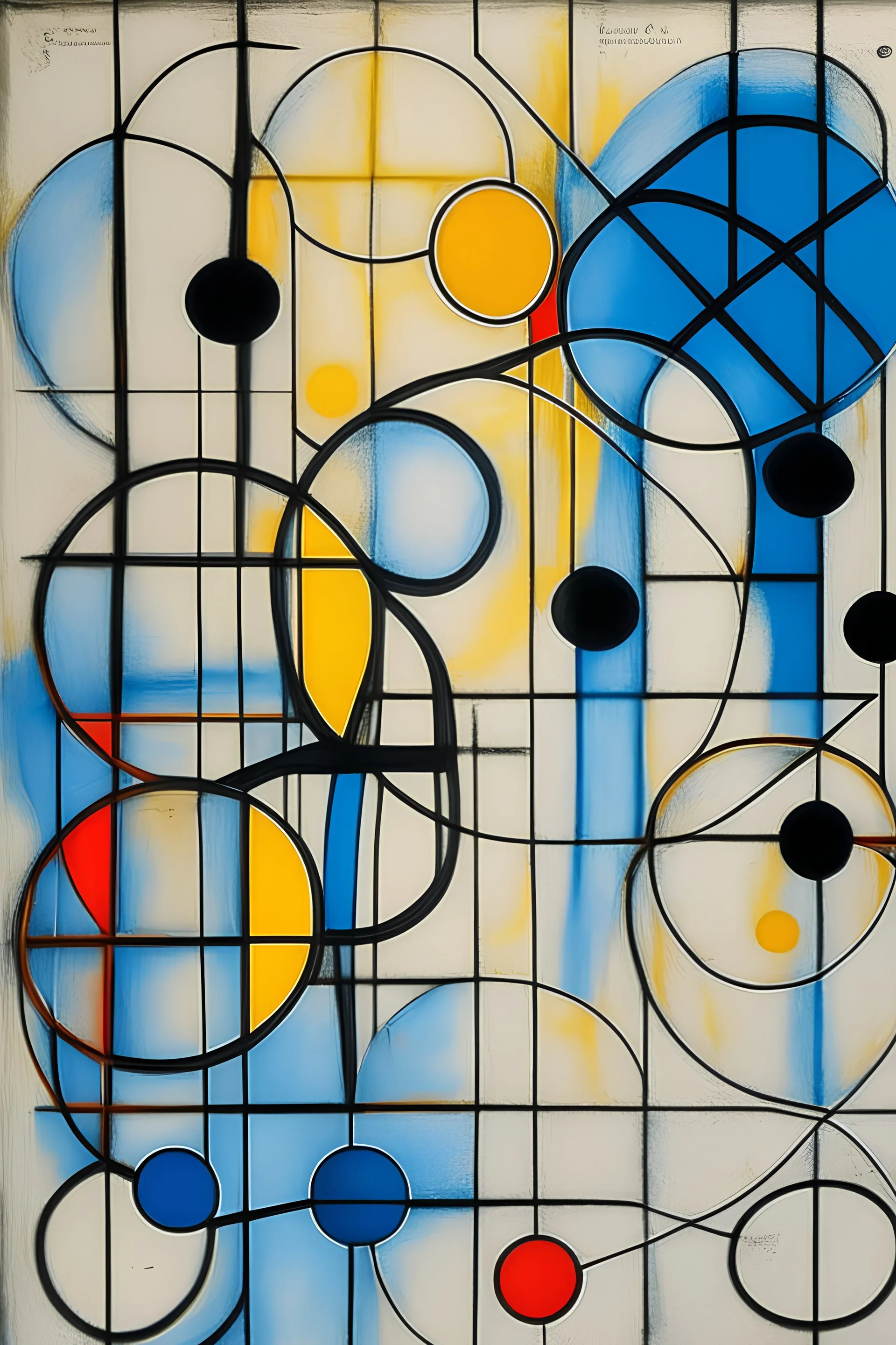 Abstract wet oil painting, ink lines, interlinked circles, mondrian