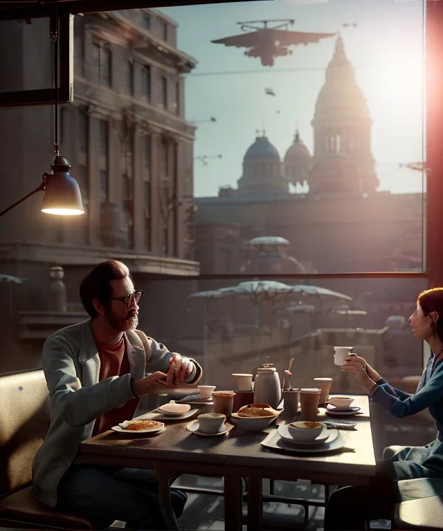 Realistic scene, American shot view, 0 gravity, levitating man and woman sitting in cafeteria and having breakfast, Wes Anderson, fly, floating, soft color, highly detailed, unreal engine 5, ray tracing, RTX, lumen lighting, ultra detail, volumetric lighting, 3d, finely drawn, high definition, high resolution.