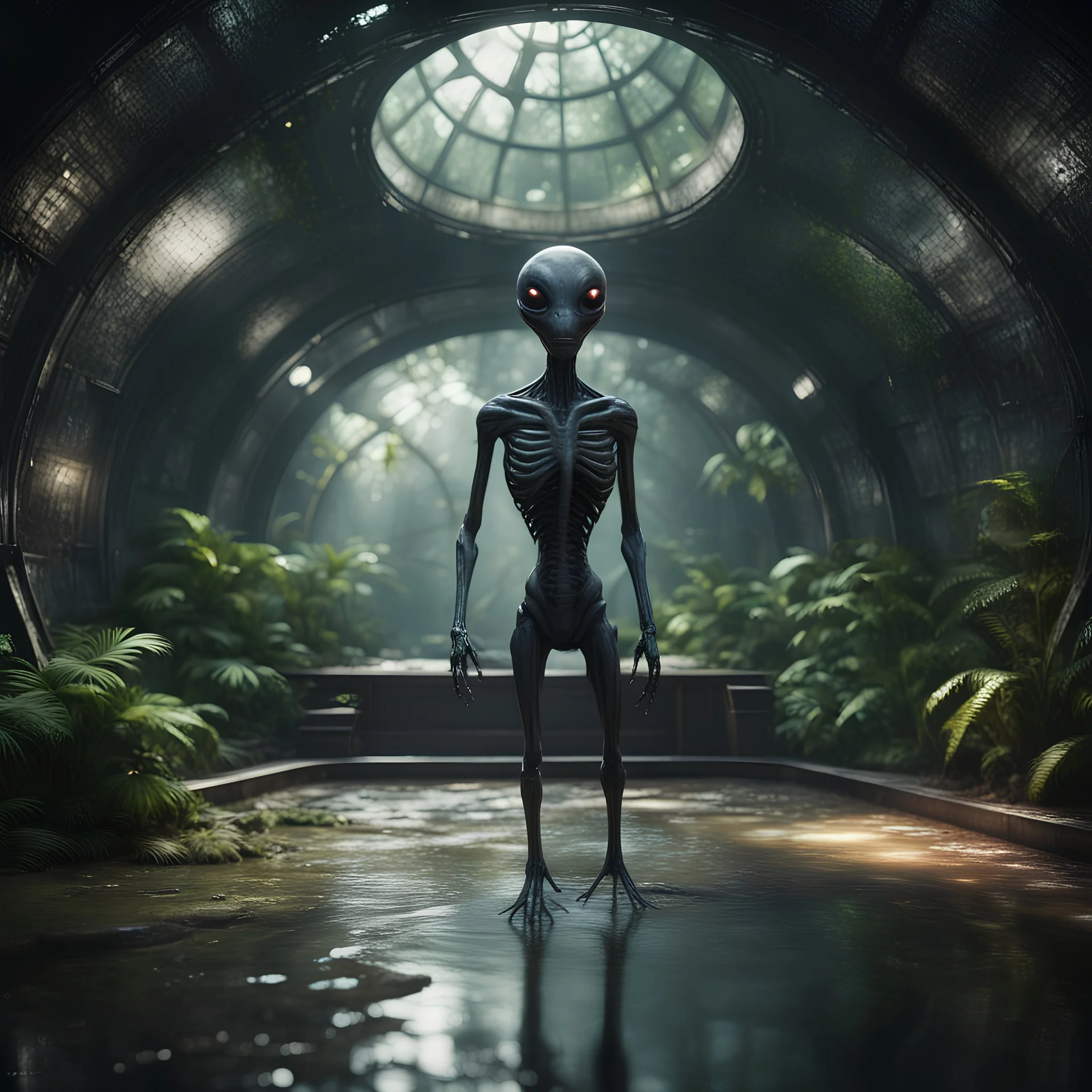 a lecture on blackboard of alien anatomy in dark lit reflective wet jungle metallic hall dome hotel tunnel, in the style of a fallout 4,bokeh like f/0.8, tilt-shift lens 8k, high detail, smooth render, down-light, unreal engine, prize winning