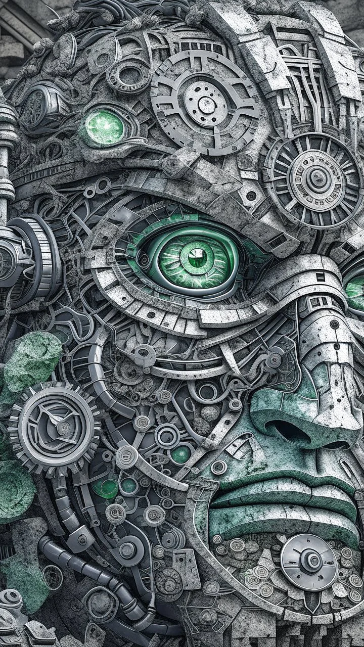 Bosch style painting , A balled face in details . The texture of the face is a collage of many 3D gray metallic clock gears and screws covering the whole face and the eyes are covered by caves figures