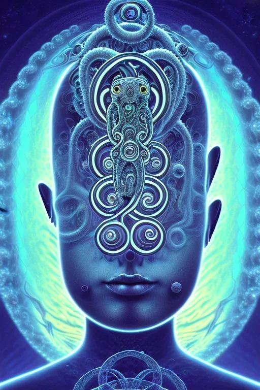 Spiritual being with Tentacles over human Head creating reality around, wrapping Spiral around Human, Psychedelic