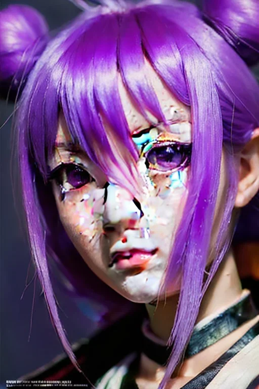 Detailed cute anime Kunoichi girl, purple hair buns, purple bangs, black latex bodysuit, intricate details, full body portrait, keep head in frame, slight smile, black Japanese motif, concept art, highly detailed, digital painting, concept art, sharp focus, illustration, art by Yoji Shinkawa, WLOP and greg rutkowski and alphonse mucha and artgerm and yanjun Chen and Junji ito and Makoto Shinkai, HDR, octane render