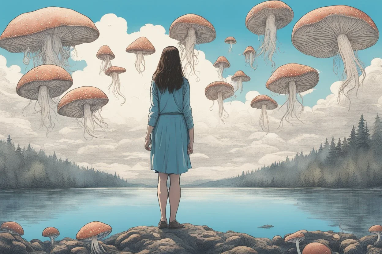 woman standing next to a lake looking at flying mushrooms, with jellyfish tenacles in a blue sky