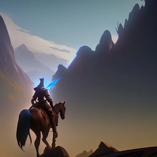  mountains with medieval knight traveling on a horse in the background