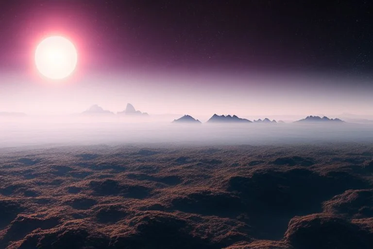 Epic exoplanet in the horizon, clouds, big mountains, water, science fiction landscape