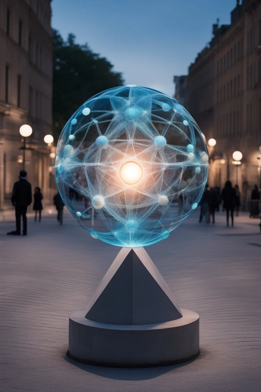 статуя на улице, Шар как атом/молекула: Сделать поверхность шара похожей на модель атома или молекулы, используя геометрические формы, светящиеся элементы или проекцию. . Для этого можно использовать различные геометрические формы, такие как круги, треугольники, шестиугольники и т. д., чтобы создать абстрактное изображение структуры атома или молекулы. Кроме того, возможно использование светящихся элементов, чтобы придать статуе особую магическую атмосферу и привлечь внимание прохожих ночью.