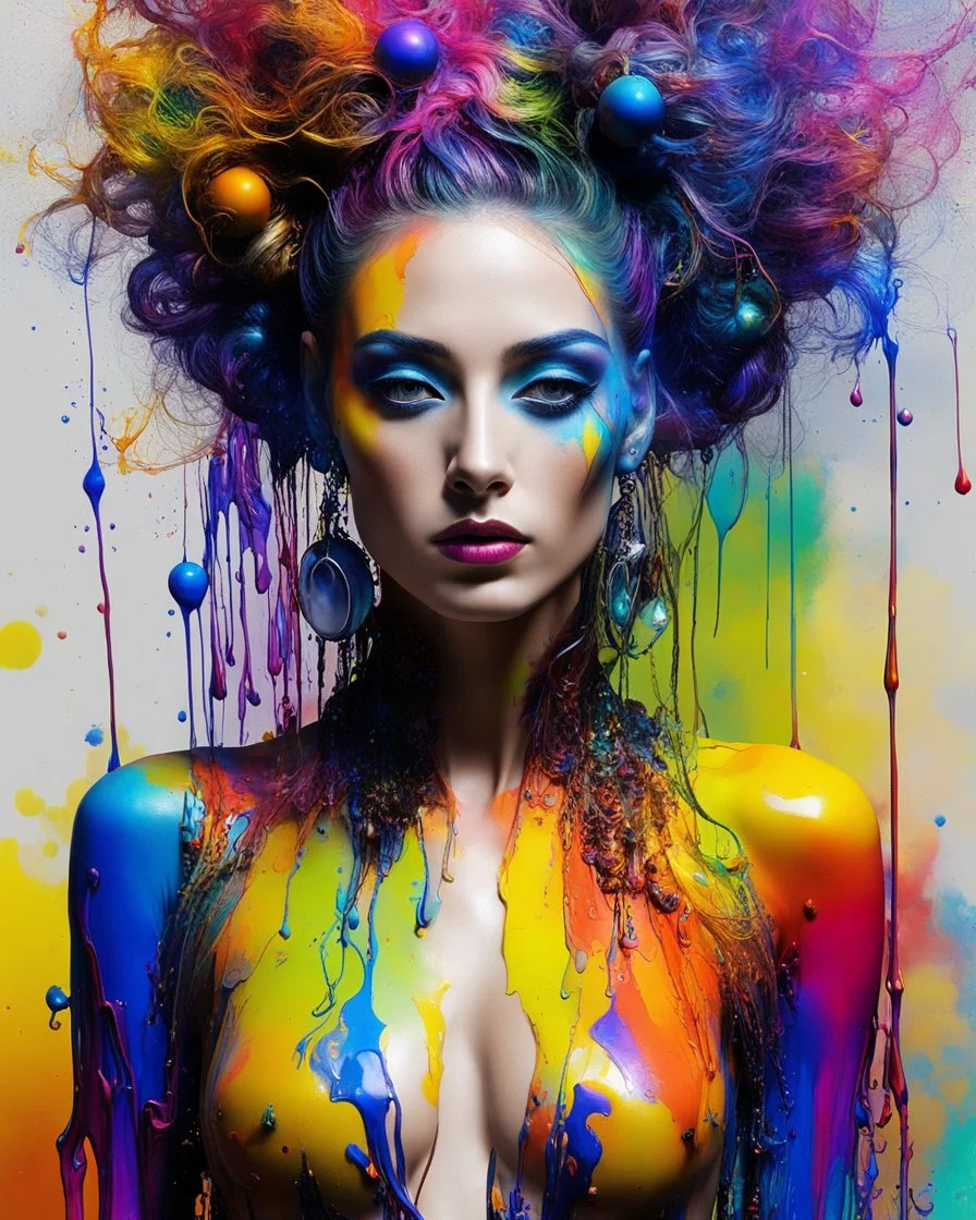 Dj player in digital painting, psychedelic vibrant colors surreal paint pour hair, Paint dripping on her face by salvador dali, 8k, beautiful, liquid mercury, ralph steadman, pino daeni, very cute, abstract, steampunk, sensual, whimsical, colorful, opp art for a fashion magazine, 4k, background twisted paint in a stunning way, hypnotic feeling, trending on artstation, sleek porcelain head, pristine skin, line sleek, make up, style igor morski