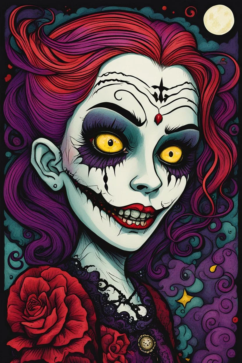 a cartoon illustration of a schizophrenic goth vampire girl , in the cartoon style of Lynda Barry , vibrant natural colors, , museum quality masterpiece