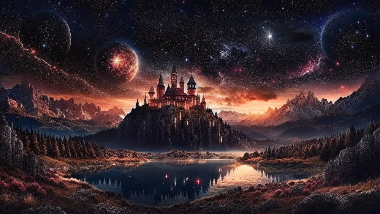 galaxy, space, ethereal space, cosmos, water, panorama. Palace , Background: An otherworldly planet, bathed in the cold glow of distant stars. The landscape is desolate and dark, with jagged mountain peaks rising from the frozen ground. The sky is filled with swirling alien constellations, adding an air of mystery and intrigue. Old castle of london, detailed , enhanced, cinematic, 4k,by van gogh