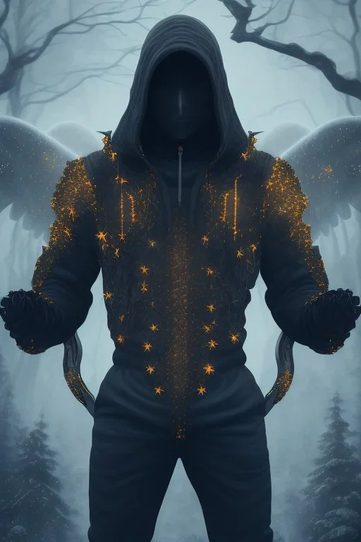 running berserker portrait , no face, black jogging suite , in the night Alps , holding coins , angels background, volumetric light, high detail, dark leaf tree, dark mountains in background, perfect, HR Giger style