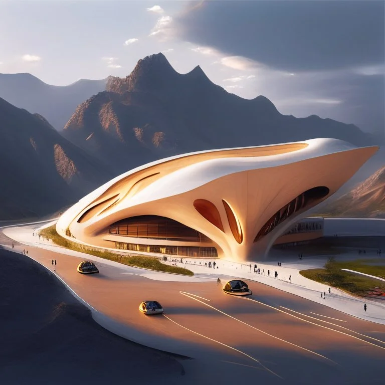 A cultural center and its ant shape simulating the design of Zaha Hadid, beige, with internal and external lighting, landscape, mountains, parking lots and people.