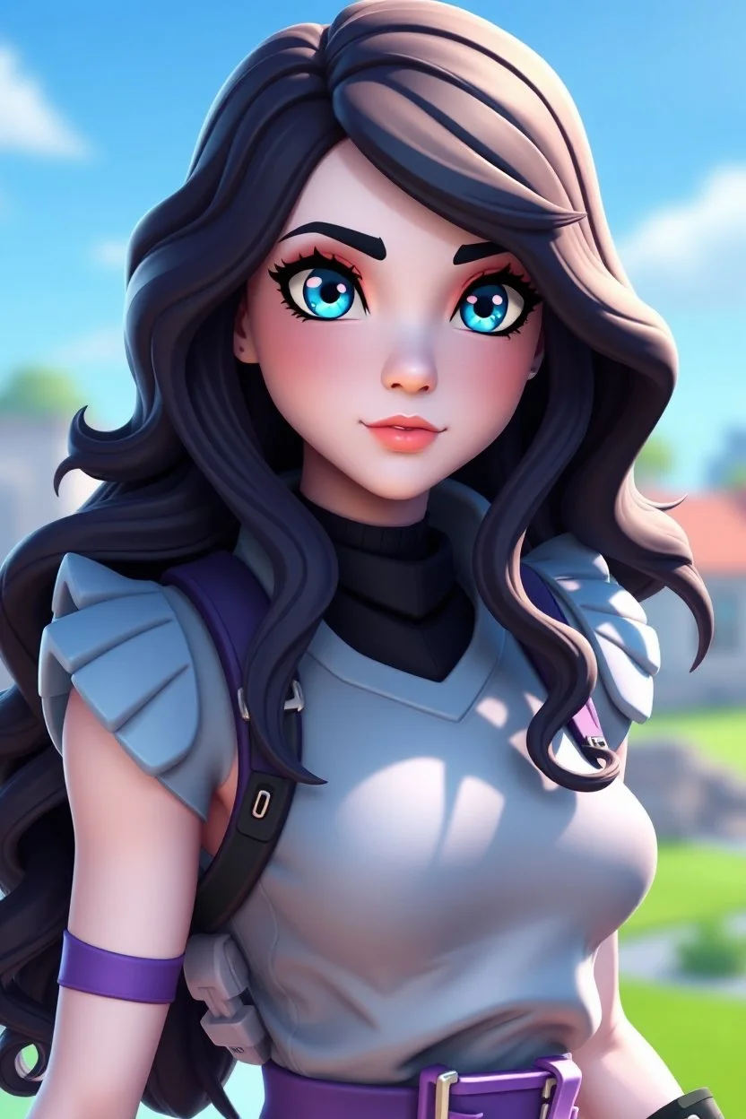; Beautiful; stunning; Blue eyes, long wavy black hair, pale skin character in fortnite (fortnite video game), (vivid), ((fortnite cartoon character)), fortnite animation, fortnite skin, (tilted towers fortnite map), full body shot, bright and dynamic coloring, (fortnite epic games), lavender body gear; season 6 style