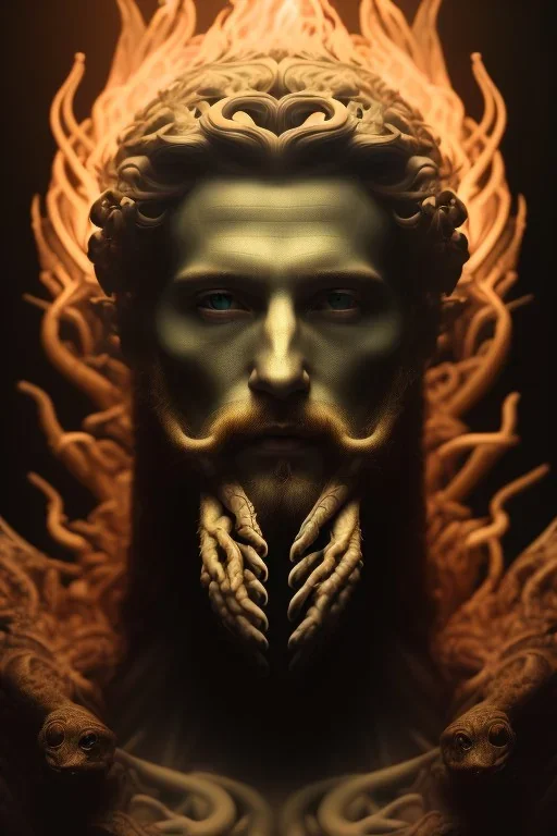 portrait photography of an ethereal beautiful animal god, Fire theme art, Dark moody night atmosphere, Portrait of a man by Michelangelo, 8K, close-up face, anatomically perfect face, oak tree roots, ignore NSFW