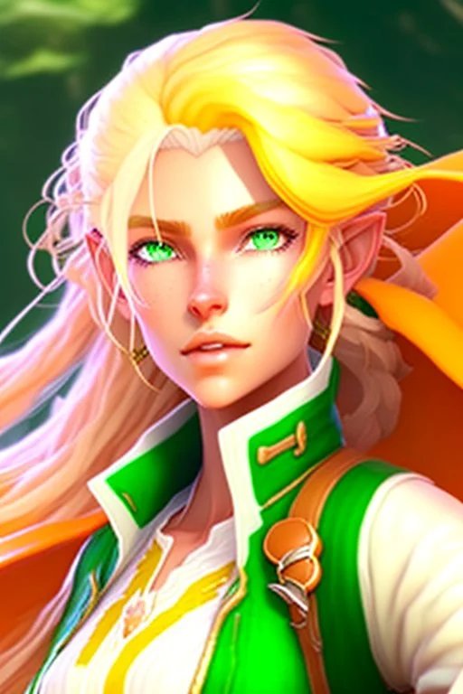 fantasy setting, woman ranger traveler with orange and white hair, pastel green eyes, kind, soft facial traits