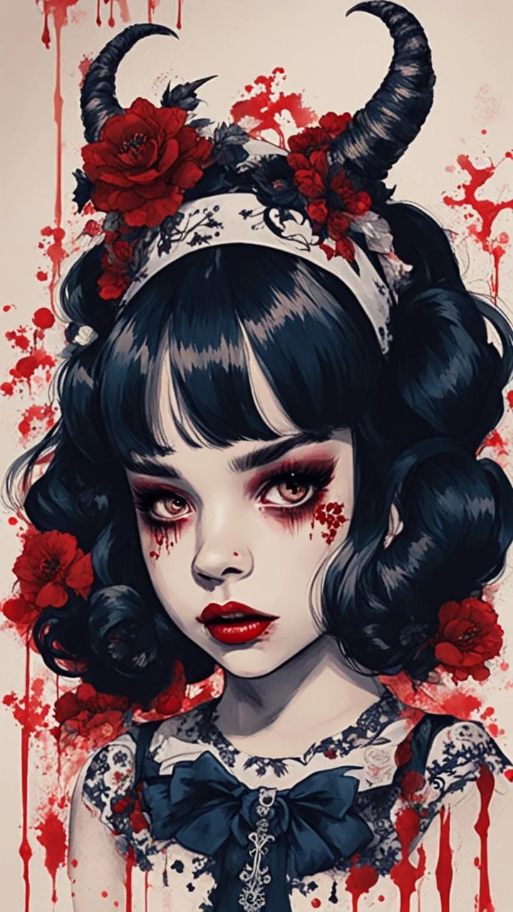 Poster in two gradually, a one side malevolent goth vampire girl face and other side the Singer Melanie Martinez face, full body, painting by Yoji Shinkawa, darkblue and sepia tones, wears a smart shirt which is embroidered with red flowers and ornaments, has dark eyes and horns