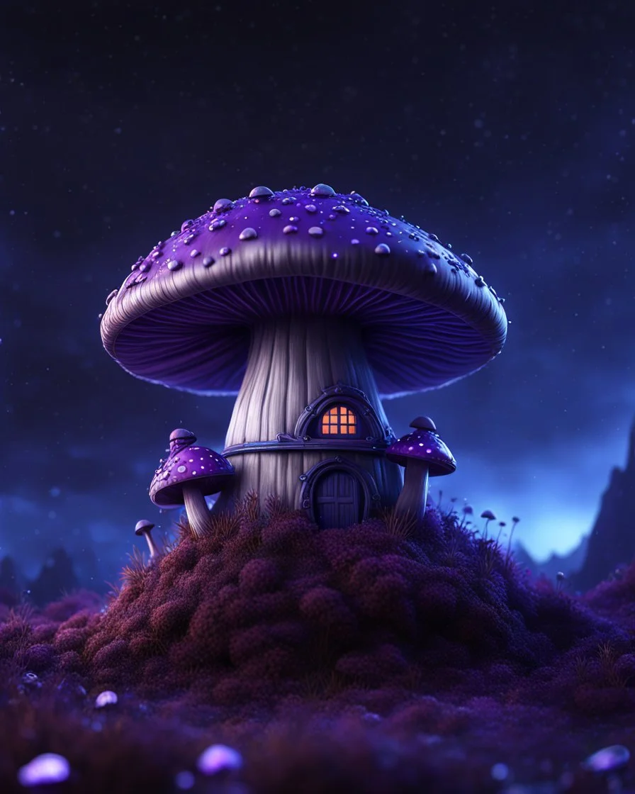 A solitary floating mushroom house on a clear night. silver and purple and blue, Dark cosmic interstellar. Detailed Matte Painting, deep color, fantastical, intricate detail, splash screen, hyperdetailed, insane depth, concept art, 8k resolution, trending on Artstation, Unreal Engine 5, color depth, backlit, splash art, dramatic, High Quality Whimsical Fun Imaginative Bubbly, perfect composition