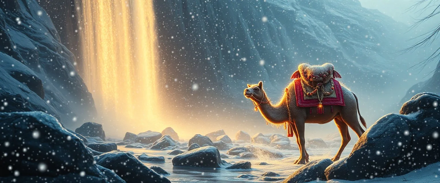 valley of the super happy guru explorer in deep trouble by the water fall, glitter disco glam luxury camel pig in snow storm