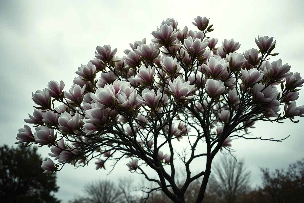 Melancholic, ultra-realistic vintage photograph of a The magnolia tree, soft light of a cloudy sky, atmosphere of quiet sadness and timeless beauty, cinematic, hyper-detailed, emotional and mesmerizing, bloom