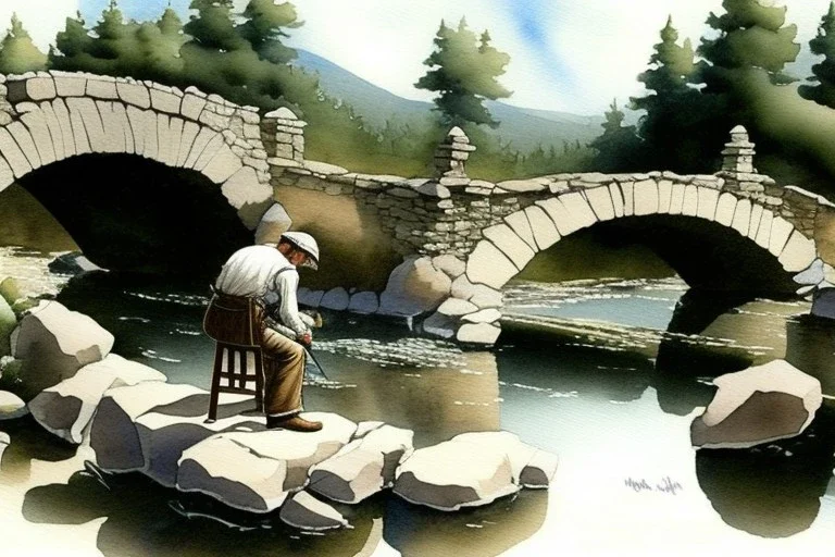 an artist with an easel sits on a stool next to a little stone bridge, he is painting. highly detailed, smooth colours. Watercolour.